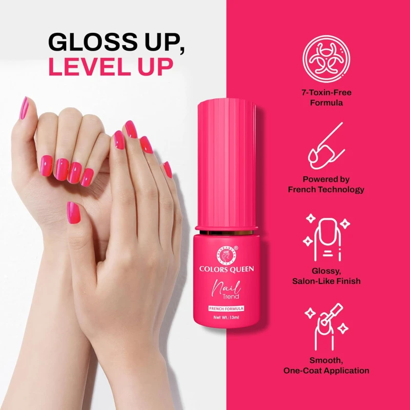 Colors Queen Nail Trend Glossy Nail Polish | Chip Resisting & Quick Drying Nail Paint with High Shine | 7 Toxin Free Formula | Vegan & Cruelty Free | Long Lasting & Vibrant Nail Paint for Women (Peony Pink, 13ml) thumbnail 3